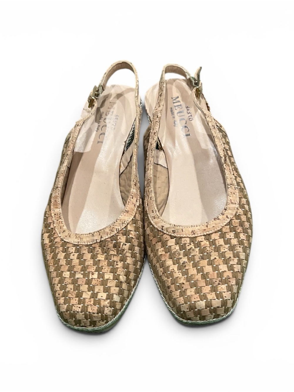 Designer Woven Slingback Flats in Natural Cork 7.5
